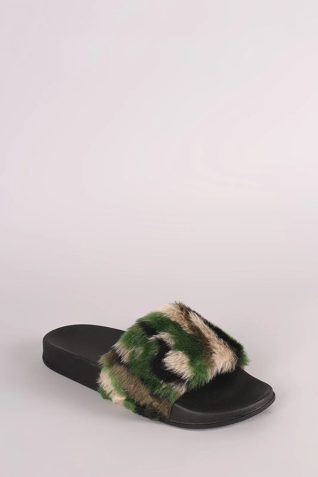 Faux Fur Camouflage Open Toe Slide Sandal