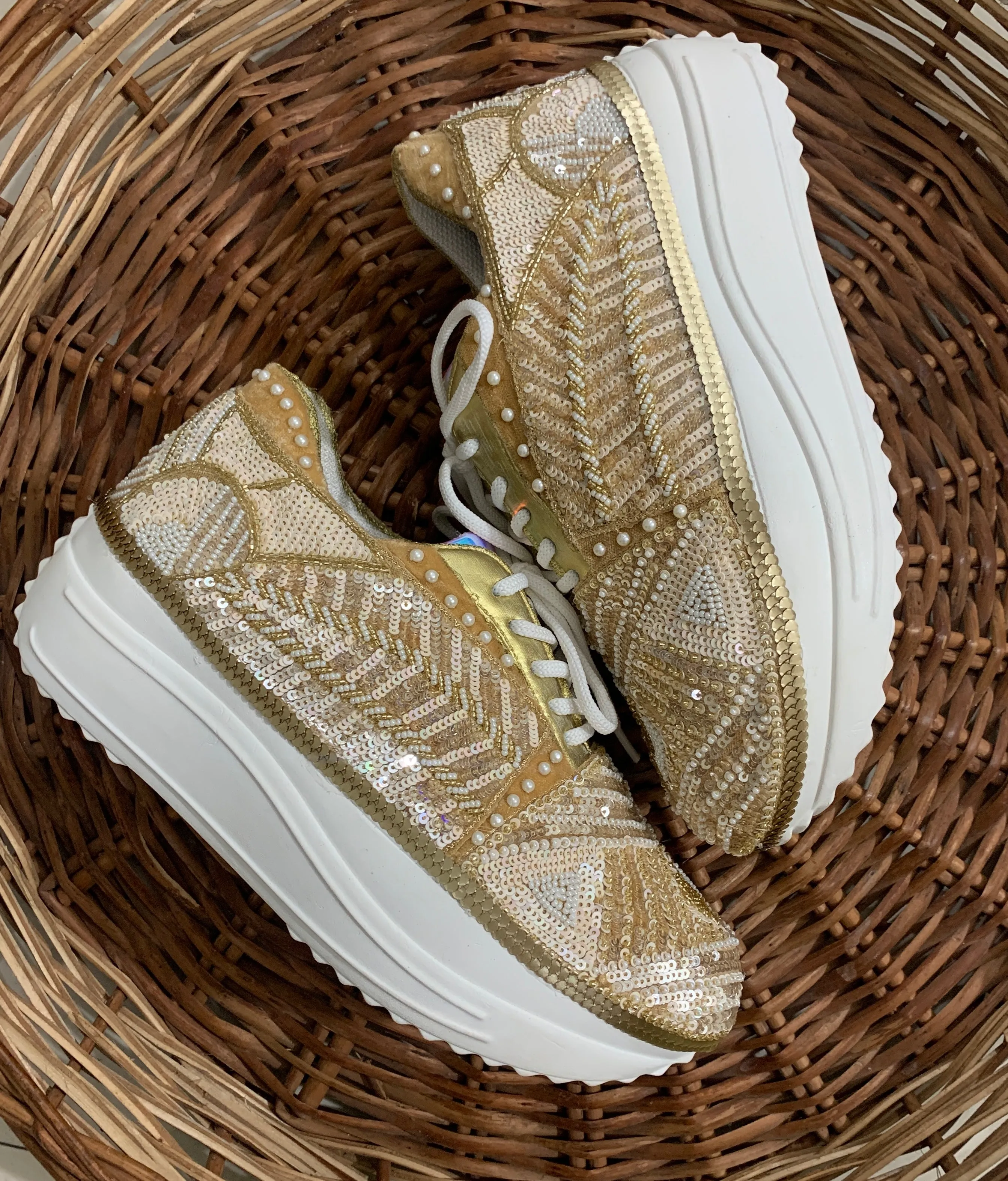 FUNKY N TRENDY ivory and gold intricate hand embroidered sneakers for brides /bridesmaids / sneakers for bridesmaids/ handcrafted sneakers/ sequine sneakers / bridal sneakers / bridesmaid sneakers/ ivory sneakers /embroidered shoes