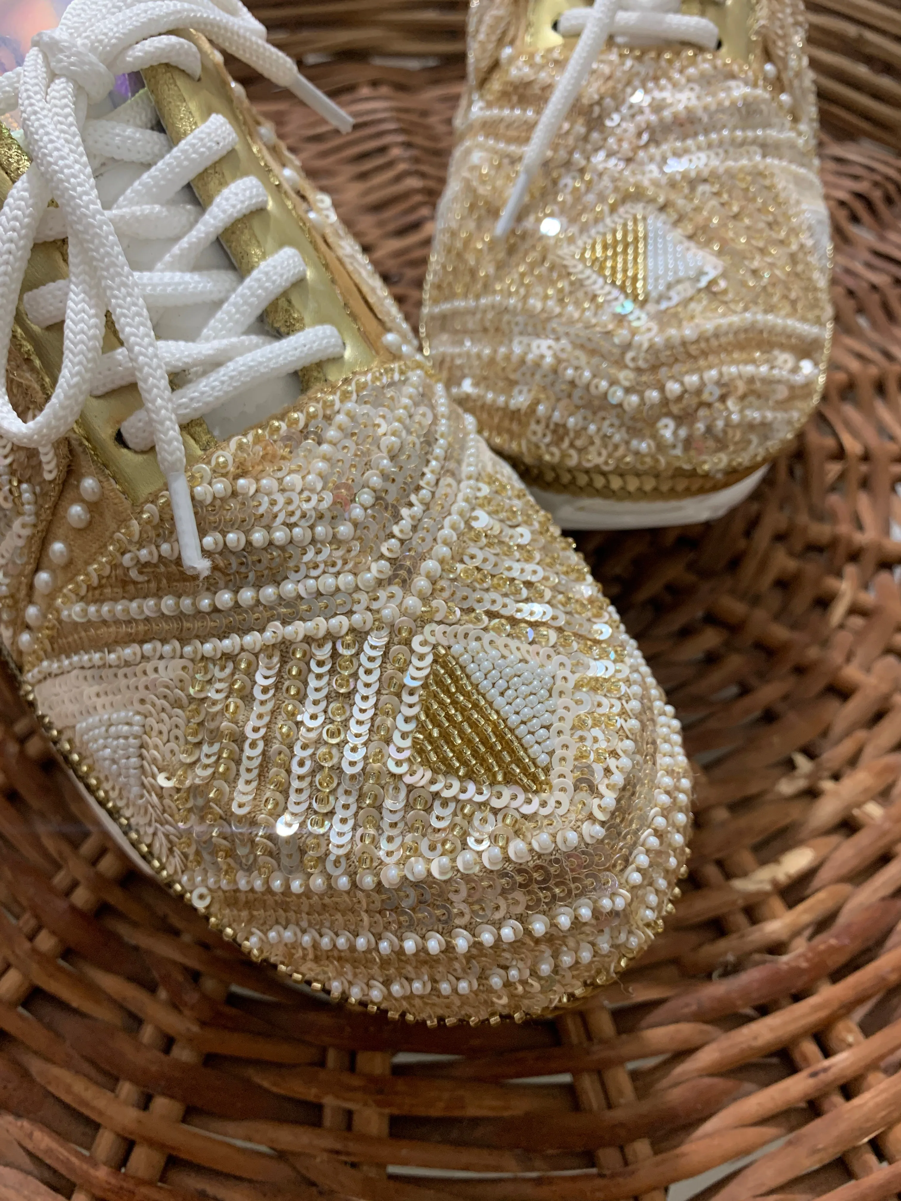 FUNKY N TRENDY ivory and gold intricate hand embroidered sneakers for brides /bridesmaids / sneakers for bridesmaids/ handcrafted sneakers/ sequine sneakers / bridal sneakers / bridesmaid sneakers/ ivory sneakers /embroidered shoes