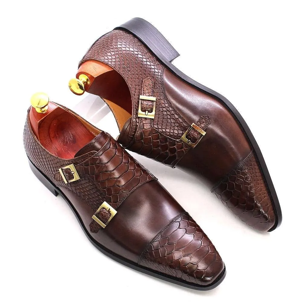 Glossy Leather Pointed Toe Monk Straps Dress Shoes