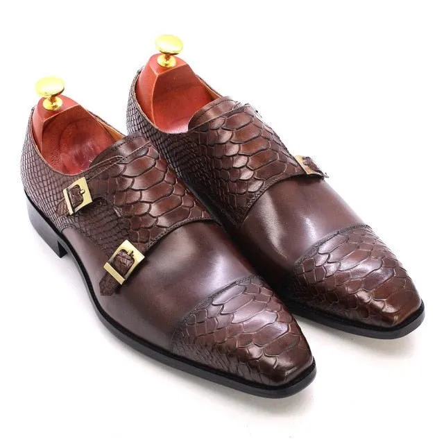 Glossy Leather Pointed Toe Monk Straps Dress Shoes