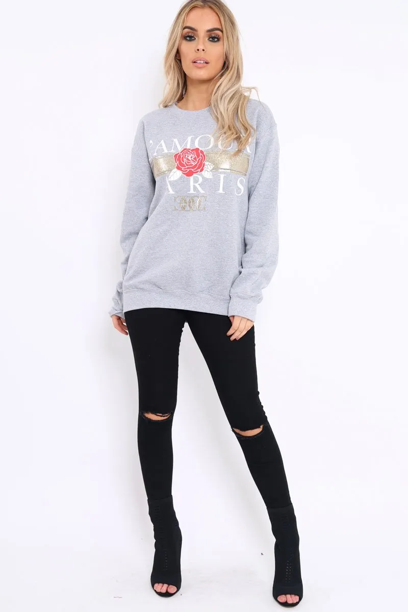 Grey L'amour Paris Slogan Sweatshirt - Lucy