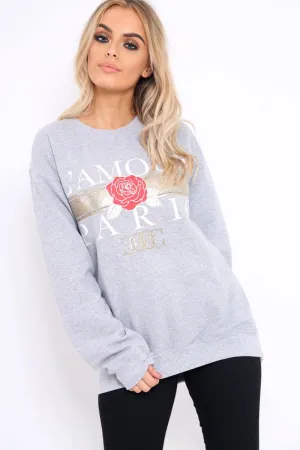 Grey L'amour Paris Slogan Sweatshirt - Lucy