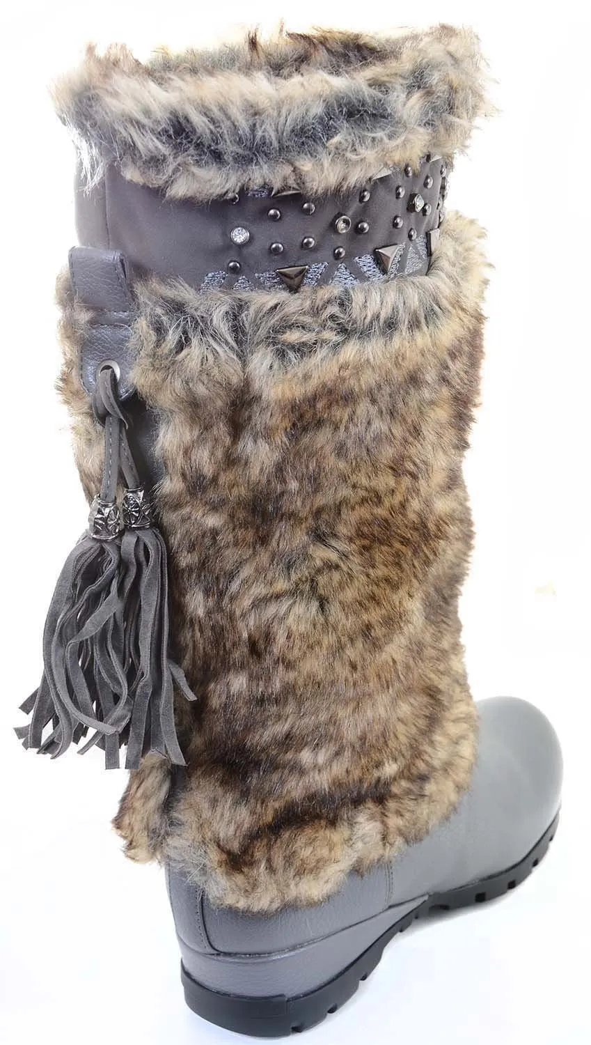 Grey Vegan Fur Rivet Studded Flat Mukluk Outdoor Boots