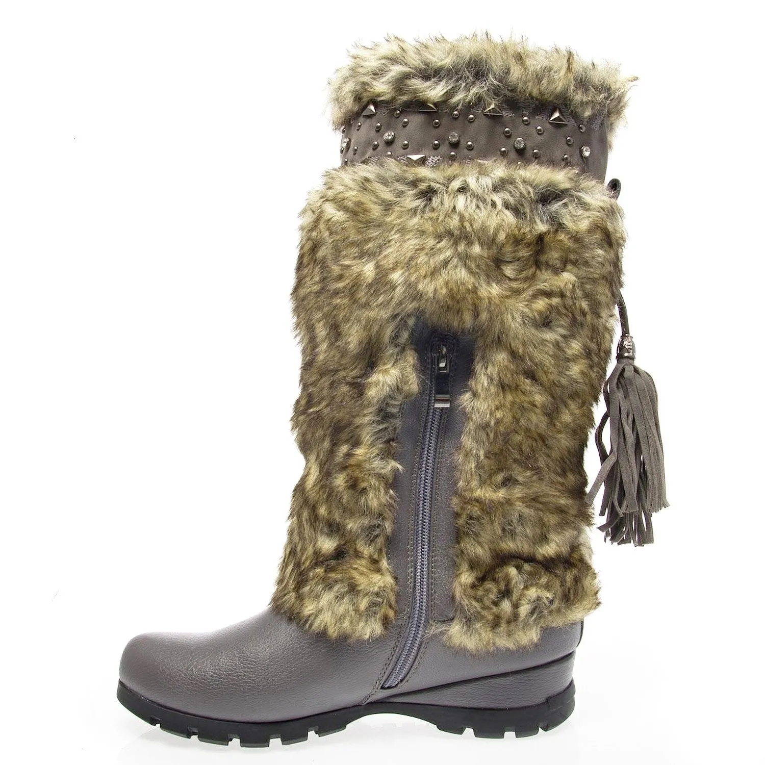 Grey Vegan Fur Rivet Studded Flat Mukluk Outdoor Boots