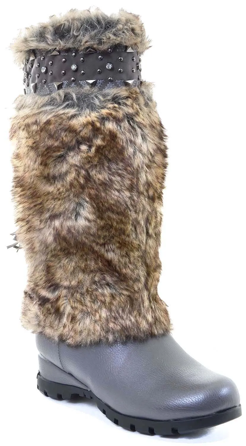 Grey Vegan Fur Rivet Studded Flat Mukluk Outdoor Boots