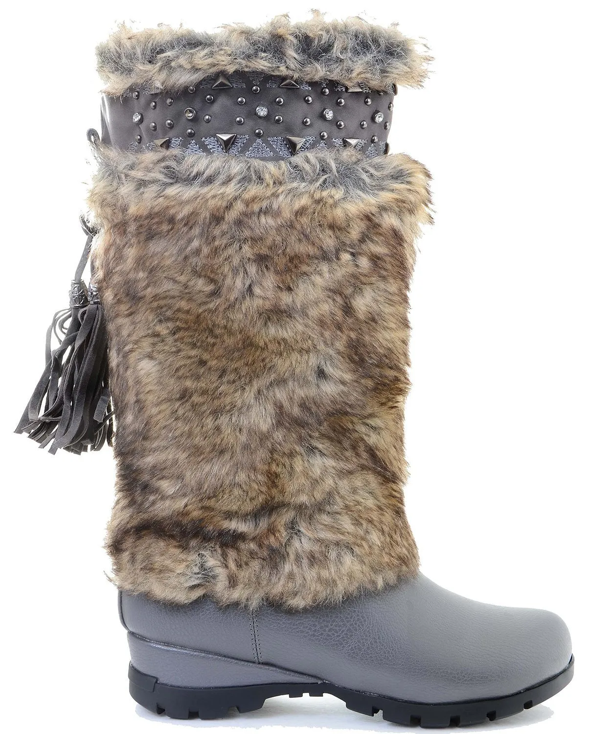 Grey Vegan Fur Rivet Studded Flat Mukluk Outdoor Boots