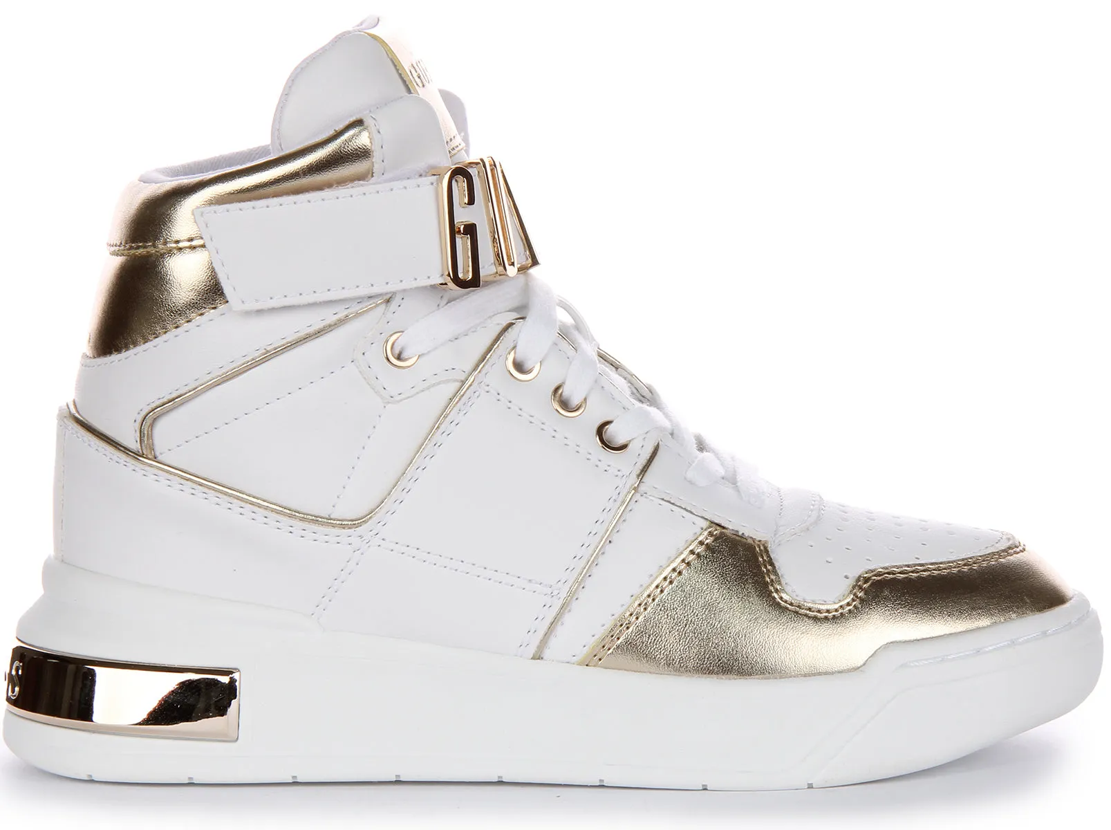 Guess Corten Logo Hi Top In White Gold For Women