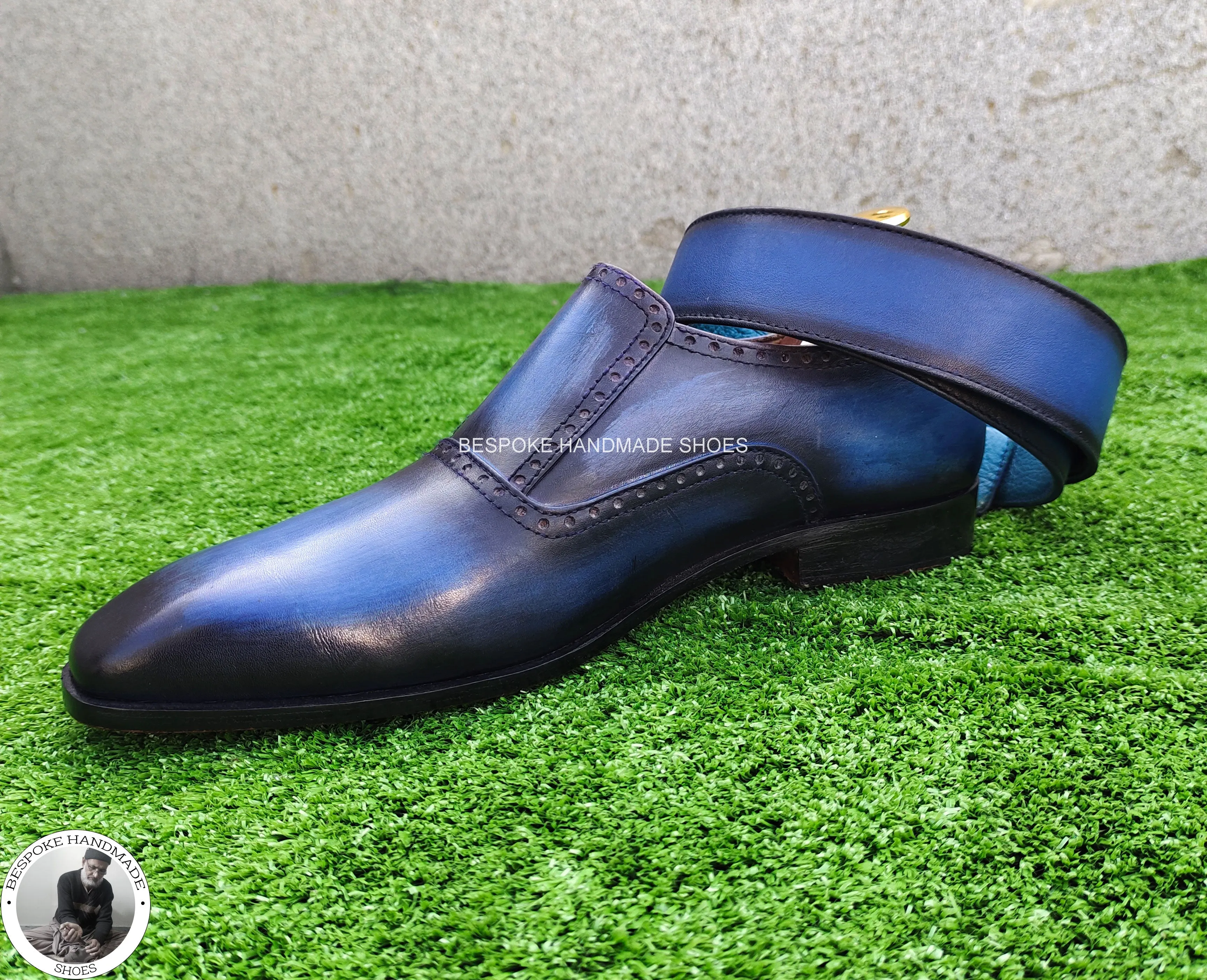 Handmade Bespoke Blue Leather Black Leather Monk Strap Wholecut Dress / Formal Shoes