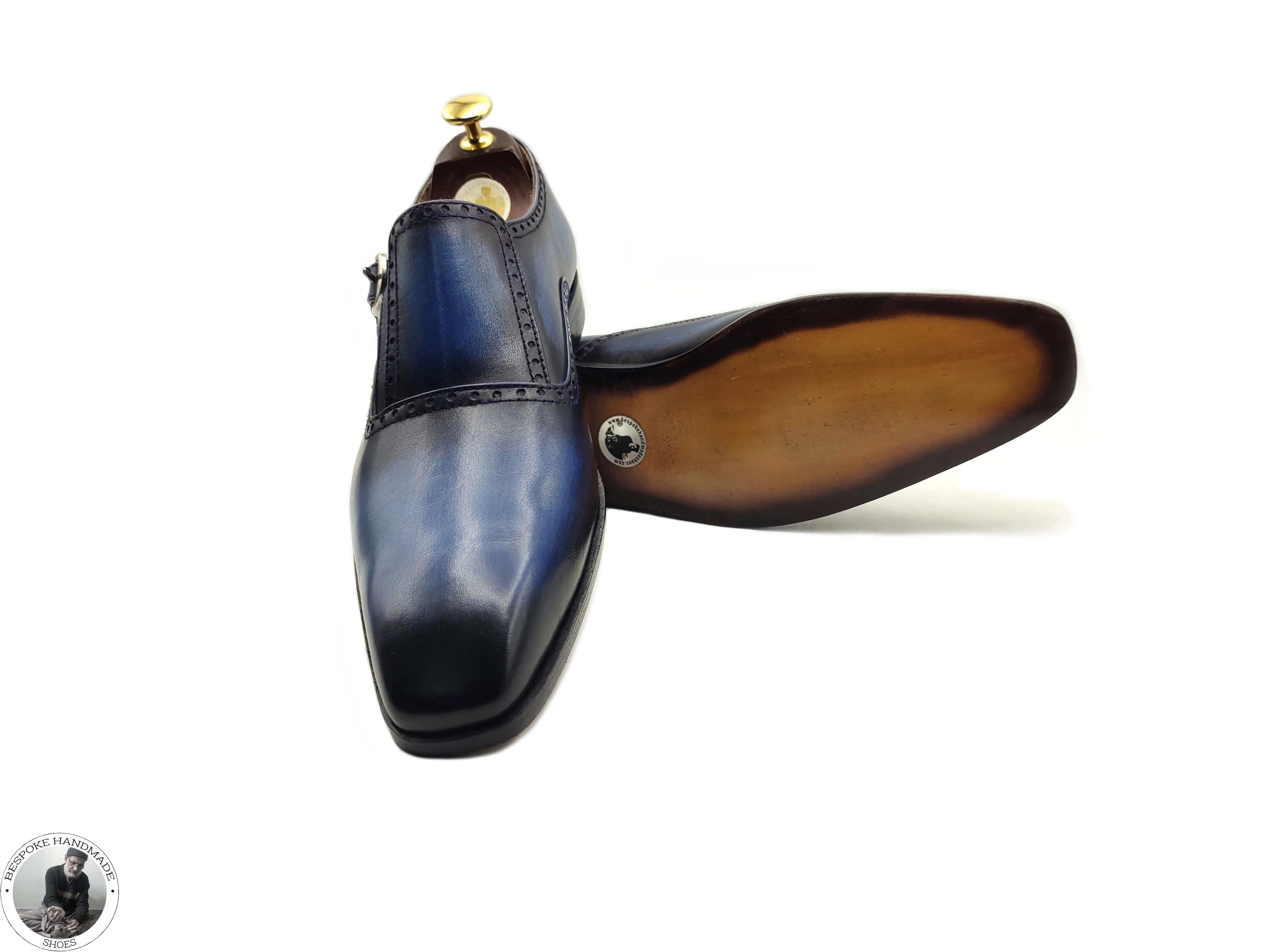 Handmade Bespoke Blue Leather Black Leather Monk Strap Wholecut Dress / Formal Shoes