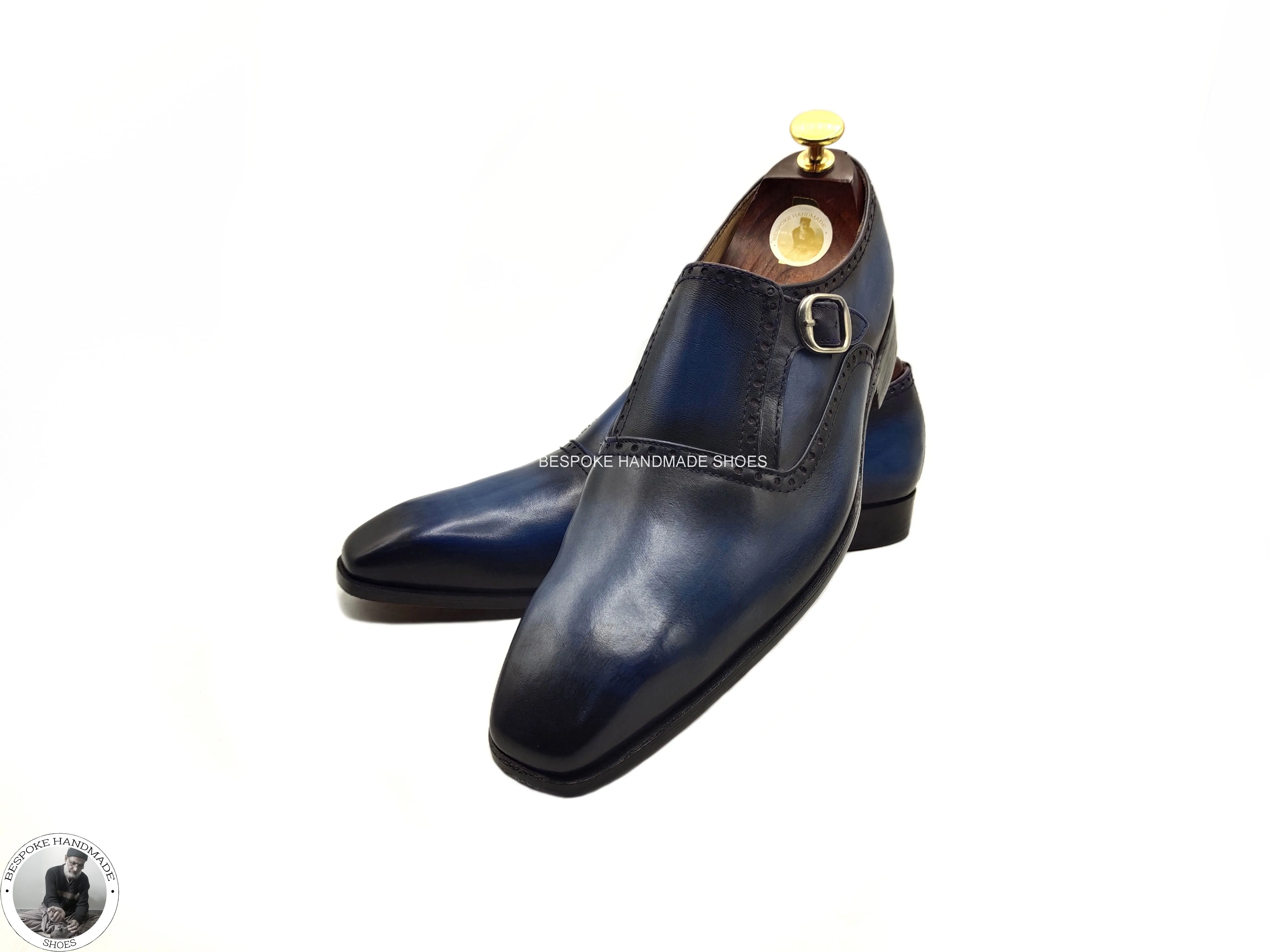 Handmade Bespoke Blue Leather Black Leather Monk Strap Wholecut Dress / Formal Shoes