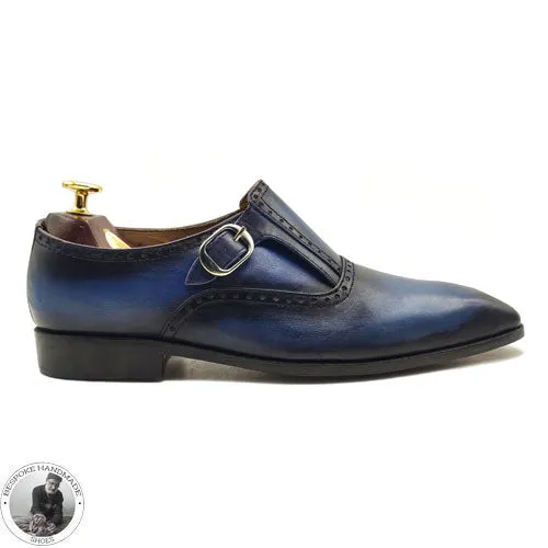 Handmade Bespoke Blue Leather Black Leather Monk Strap Wholecut Dress / Formal Shoes