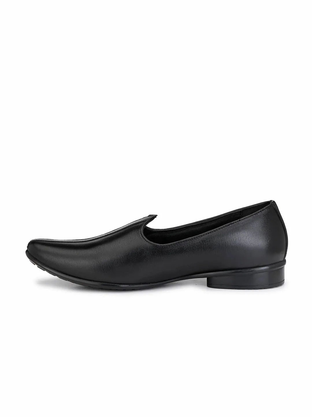 Hitz Men's Black Leather Slip-On Ethnic Shoes