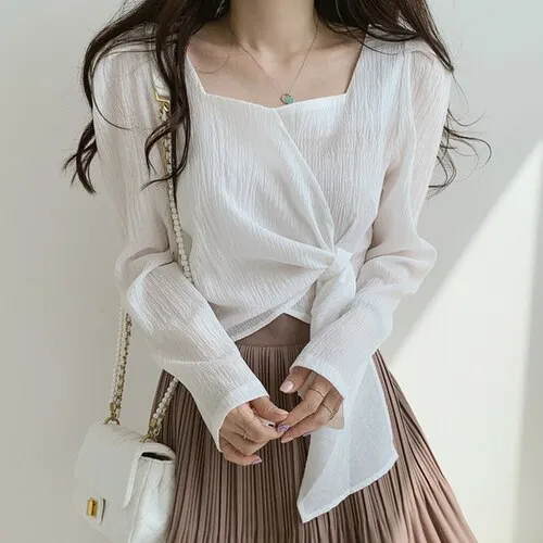 Joskaa French Elegant Blouse Women Long Slevee Casual Vintage Female Blouse Loose Korean Style Chic Fall Outfits 2024