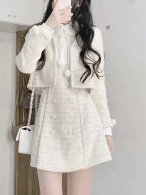 Joskaa hoco dresses Bow Sweet Kawaii Two Piece Set Women Patchwork Korean Fashion Mini Dress Suit Female Long Sleeve Coat   Vintage Dress 2024 New