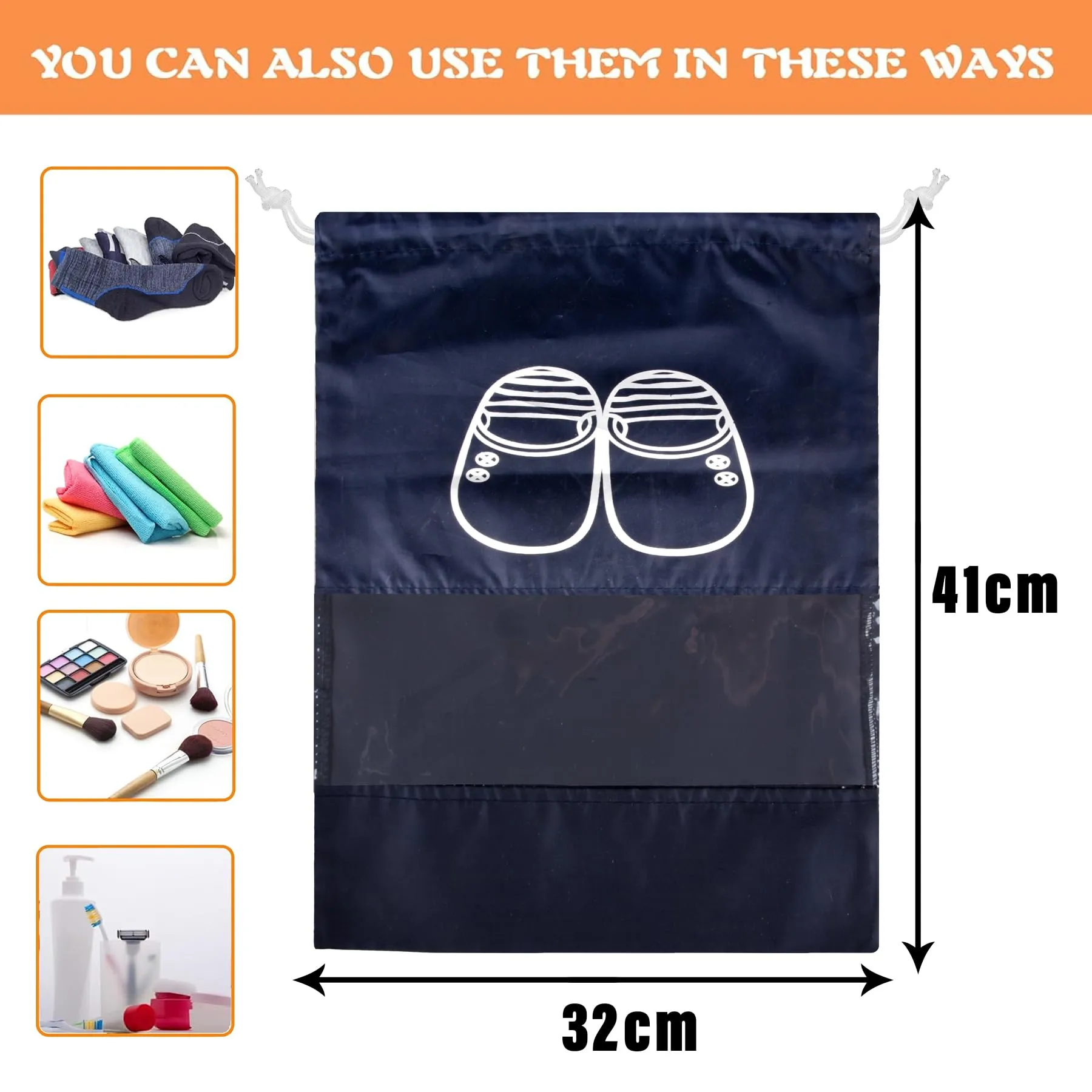 Kuber Industries Shoe Cover | Travel Shoe Storage Bags | Polyester Storage Bags | Drawstring Shoe Cover | Clear Transparent Shoe Storage Organizer | Pack of 6 | Navy Blue