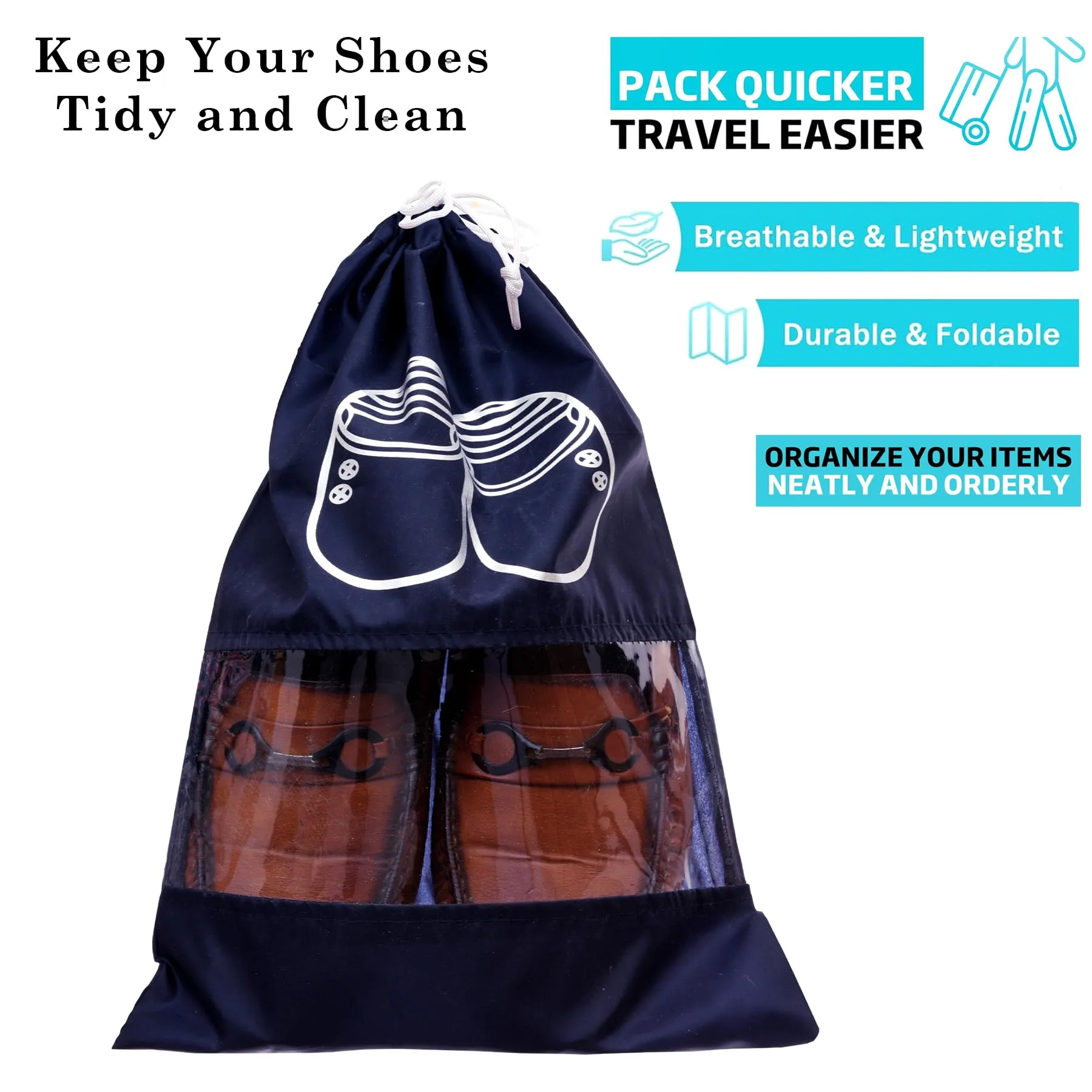 Kuber Industries Shoe Cover | Travel Shoe Storage Bags | Polyester Storage Bags | Drawstring Shoe Cover | Clear Transparent Shoe Storage Organizer | Pack of 6 | Navy Blue