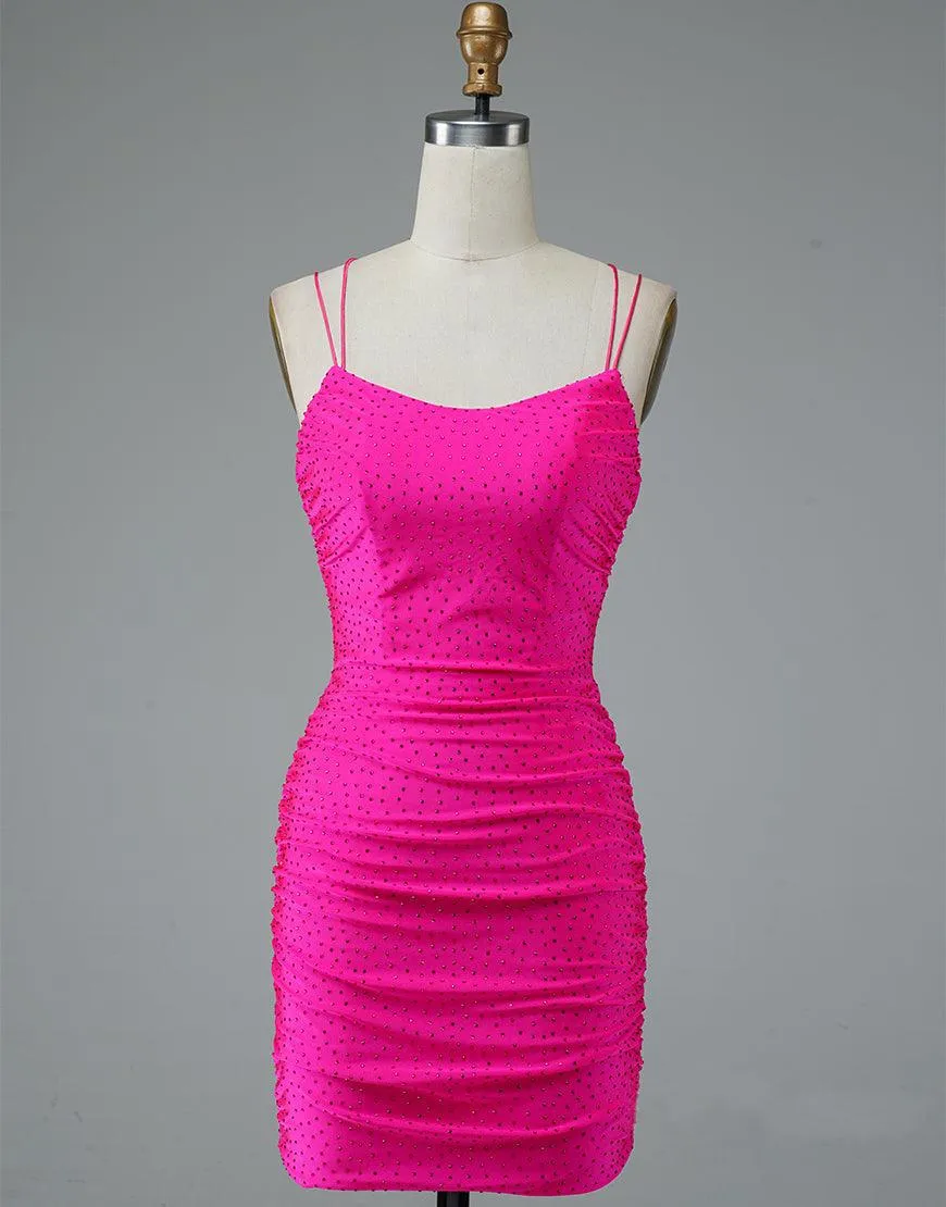 Lace Up Spaghetti Straps Short Homecoming Dress Hot Pink Party Dress PD437