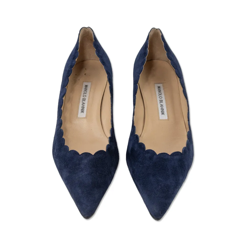 Manolo Blahnik Navy Scalloped Hem Kitten Heels