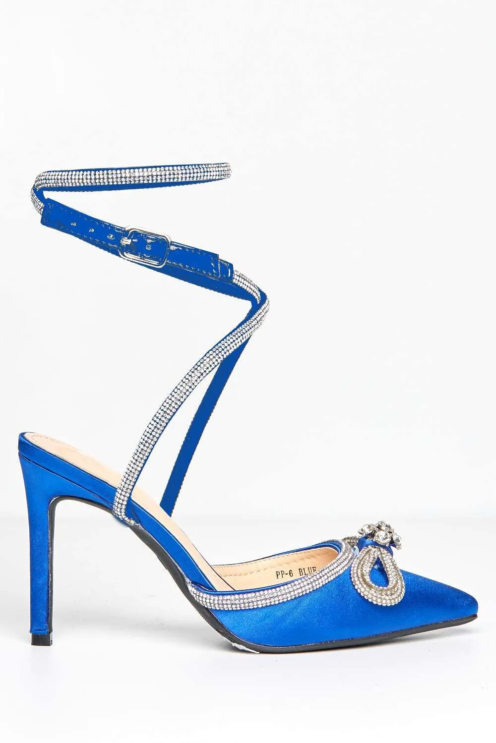 Natalie Pointed Toe Diamante Bow & Strap Court Shoe Heel in Blue Satin