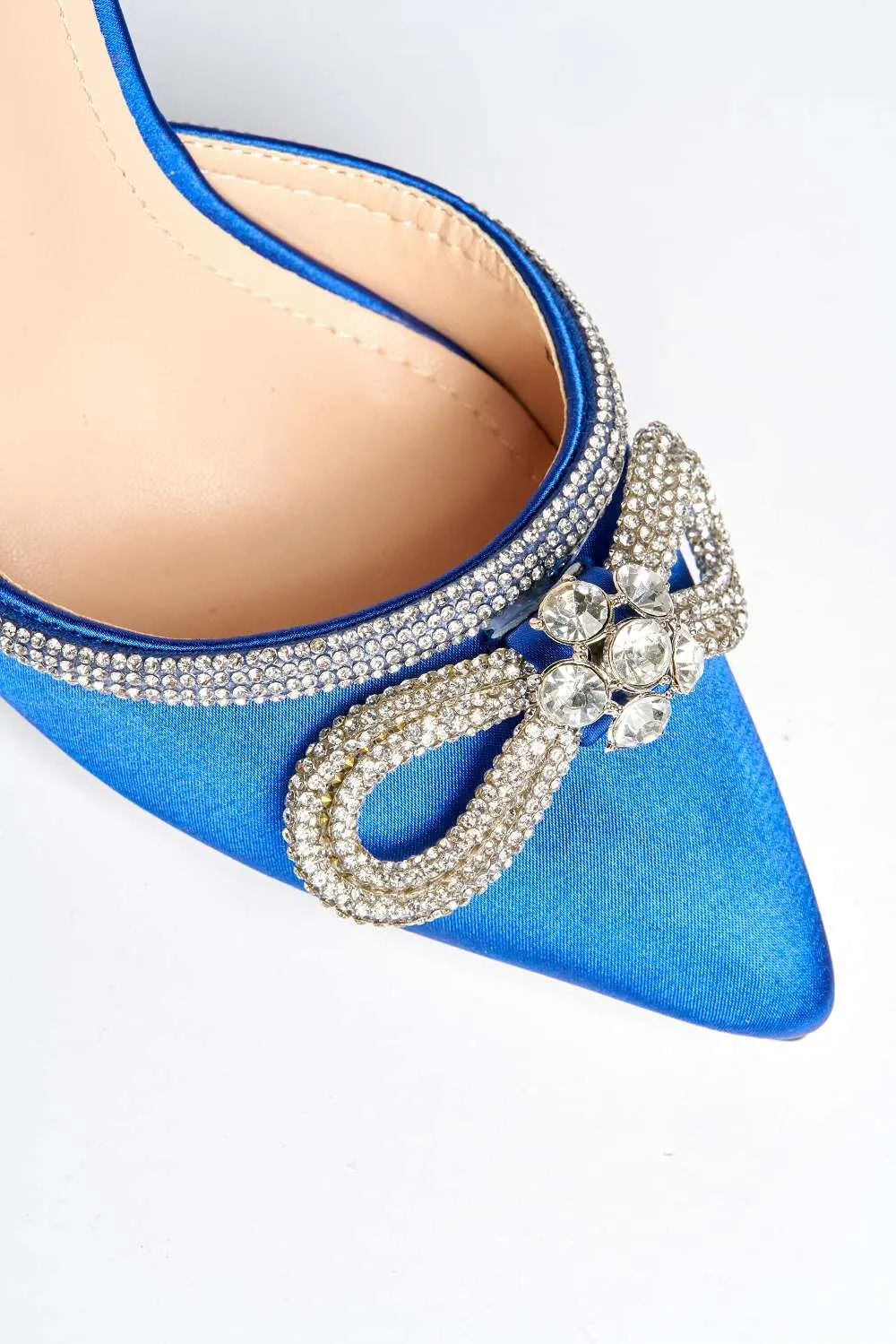 Natalie Pointed Toe Diamante Bow & Strap Court Shoe Heel in Blue Satin