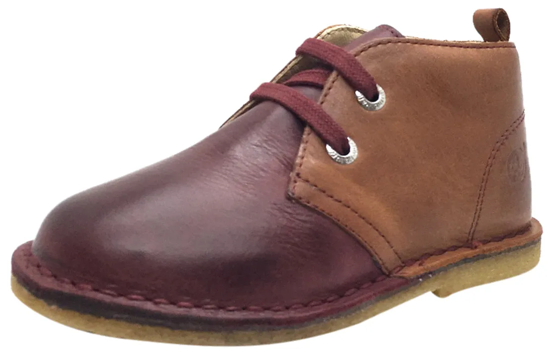 Naturino Boy's 9214 Maroon Brown Tan Smooth Leather Dual Colored Distressed Classic Lace Up Ankle Boot