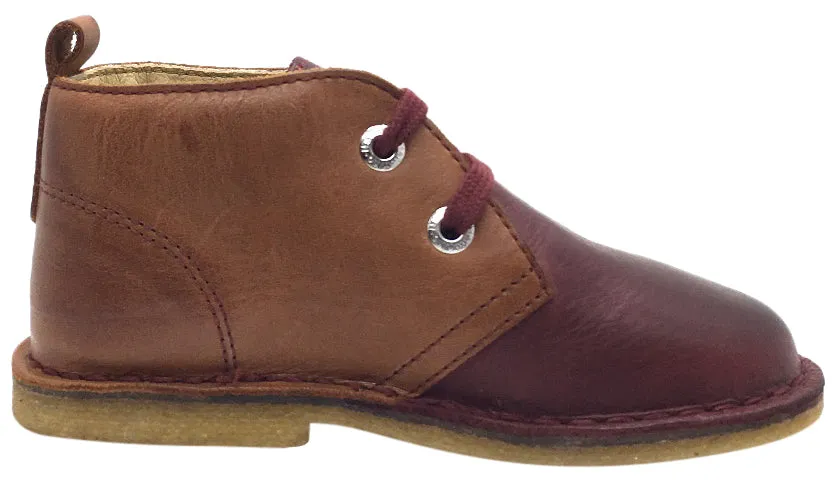 Naturino Boy's 9214 Maroon Brown Tan Smooth Leather Dual Colored Distressed Classic Lace Up Ankle Boot