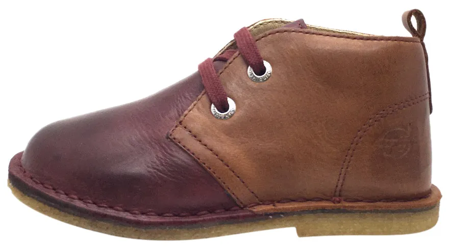 Naturino Boy's 9214 Maroon Brown Tan Smooth Leather Dual Colored Distressed Classic Lace Up Ankle Boot