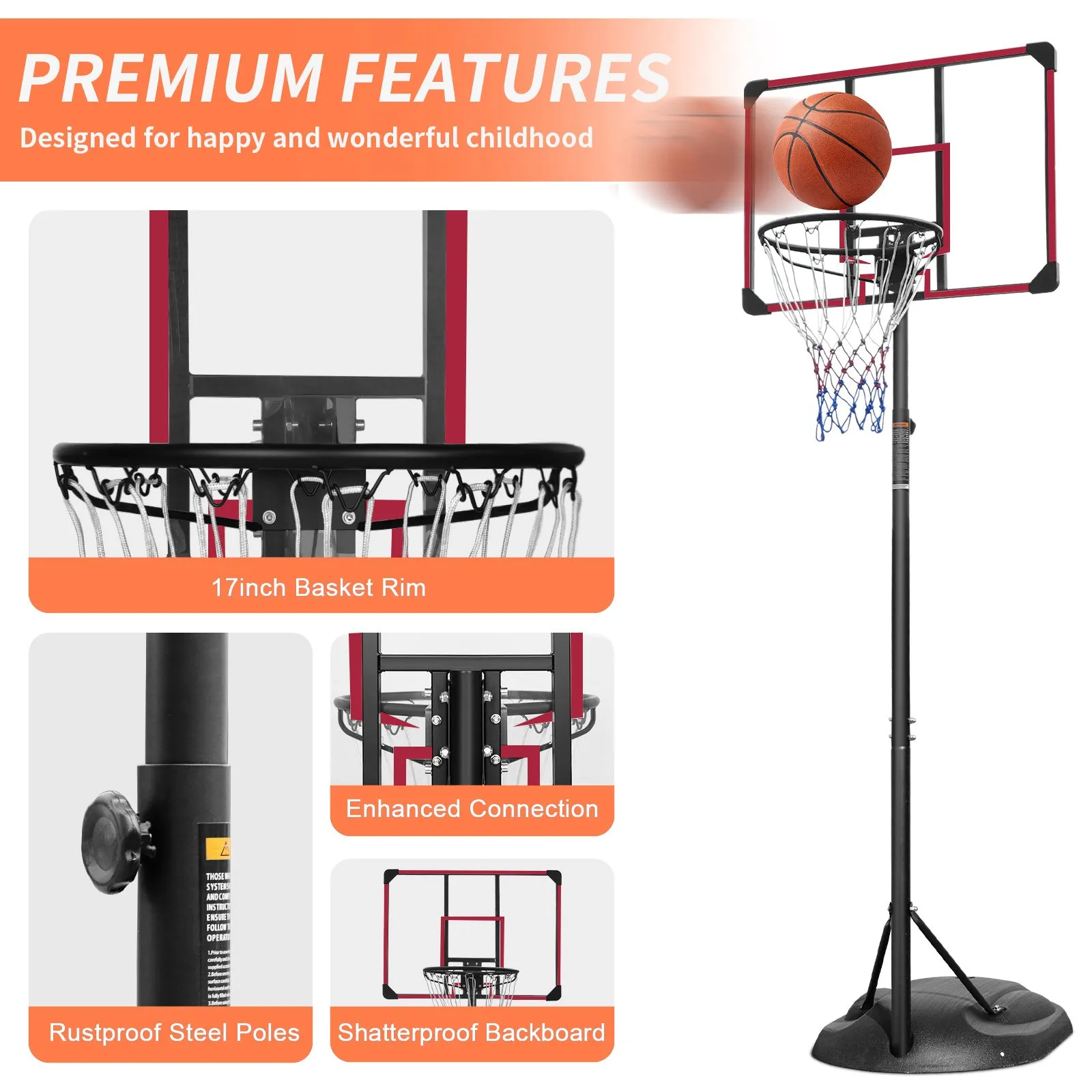 Portable Basketball Hoop System Stand Height Adjustable 7.5ft - 9.2ft with 32 Inch Backboard and Wheels for Youth Adults Indoor Outdoor Basketball Goal