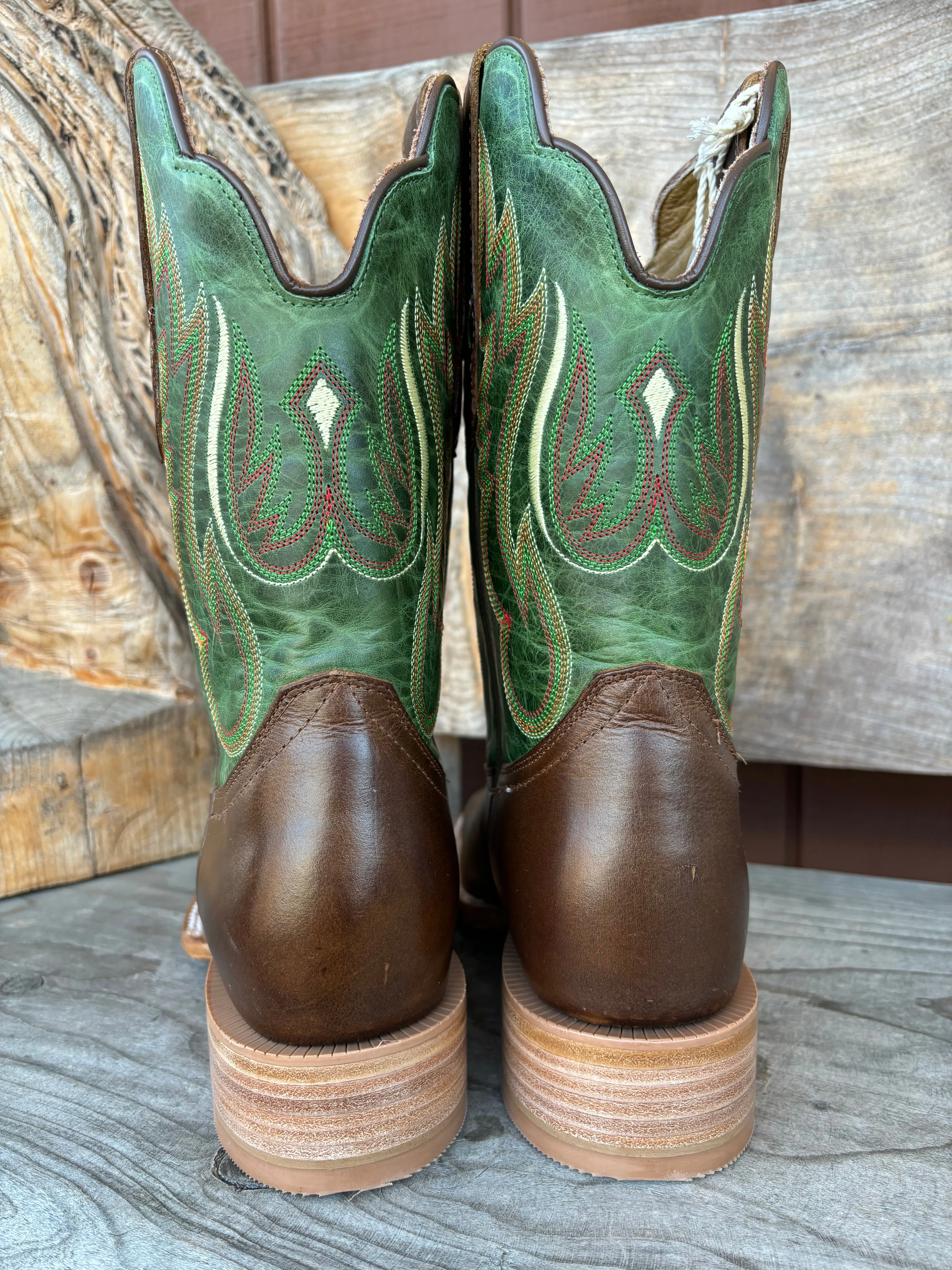 R. Watson Men's Vintage Green & Tobacco Wide Square Toe Cowboy Boots RW8034-2