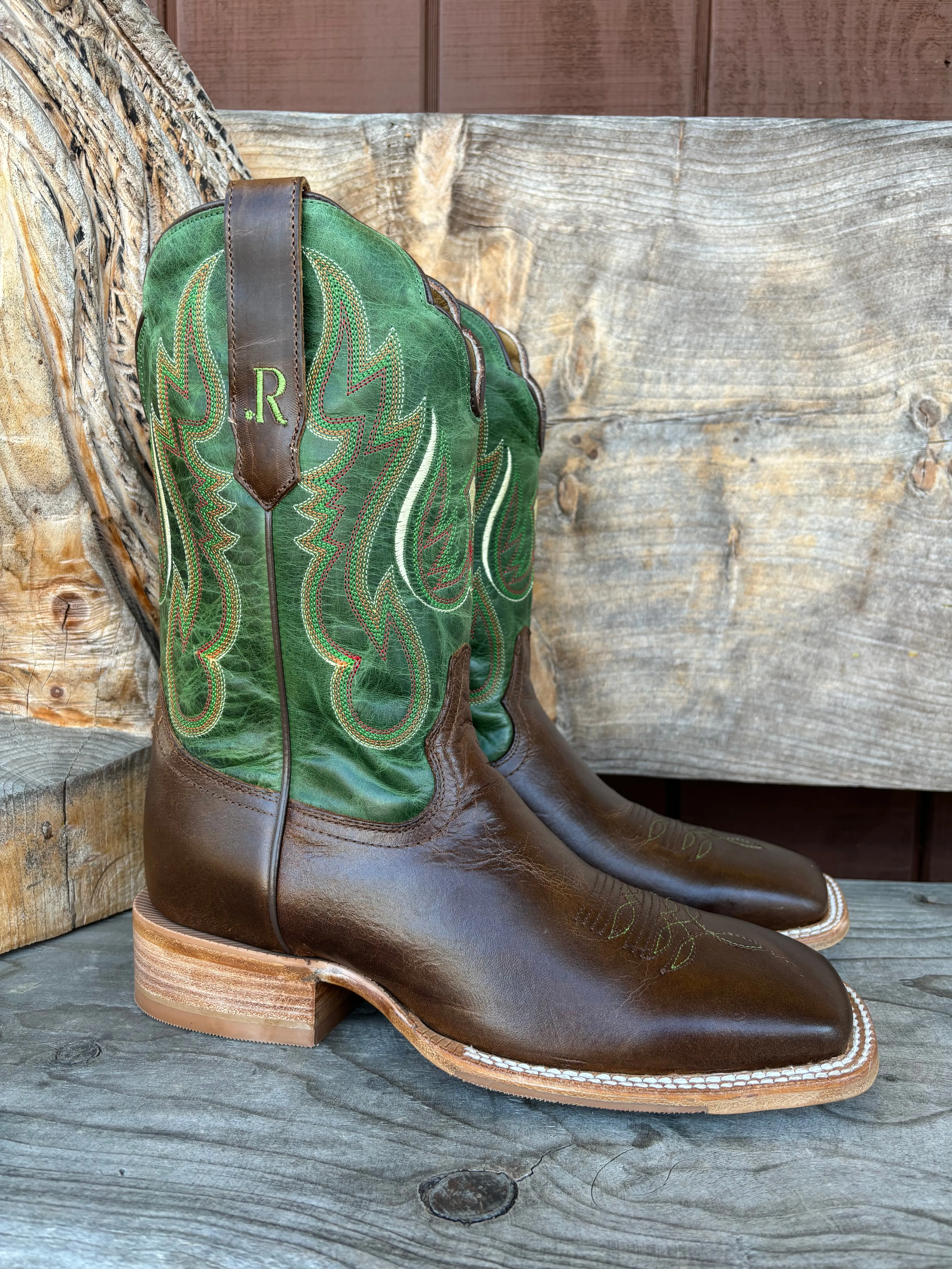 R. Watson Men's Vintage Green & Tobacco Wide Square Toe Cowboy Boots RW8034-2