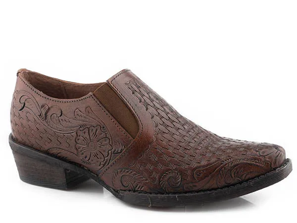 Roper Footwear Brown Tooled Snip Toe Slip On Shoe Boot for Women