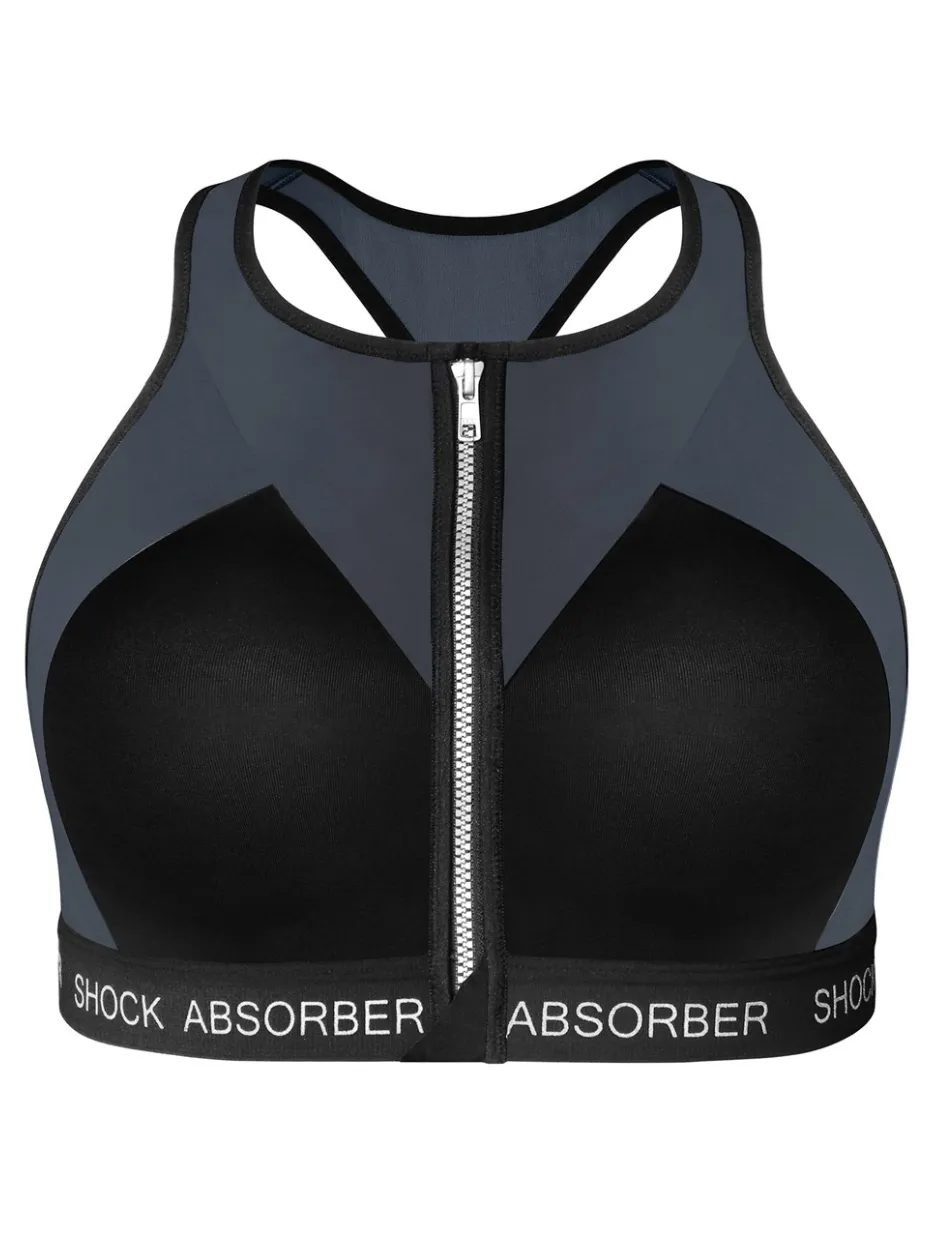 Shock Absorber Infinity Power Bra, Black & Silver | Black Non Wired Sports Bras | Zip Front Sports Bras