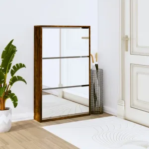 Shoe Cabinet with Mirror 3-Layer Smoked Oak 63x17x102.5 cm