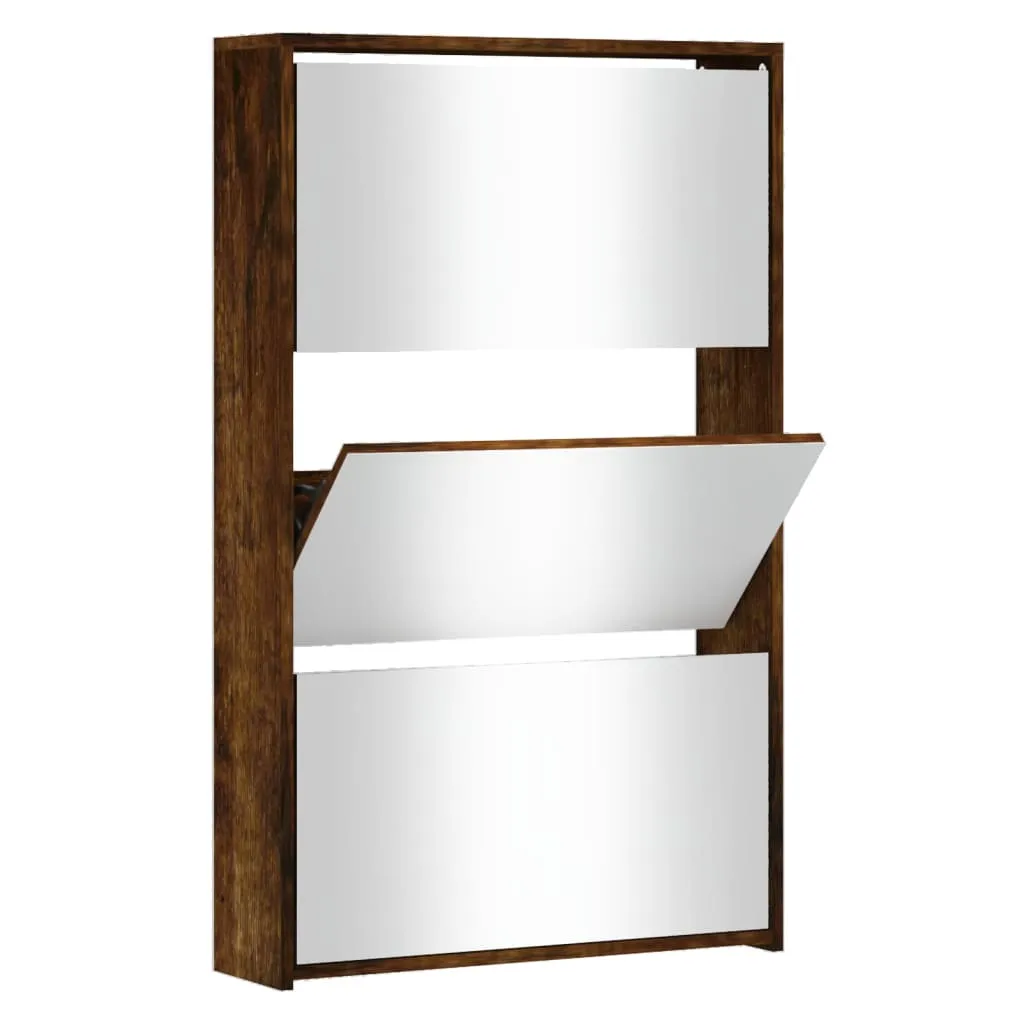 Shoe Cabinet with Mirror 3-Layer Smoked Oak 63x17x102.5 cm