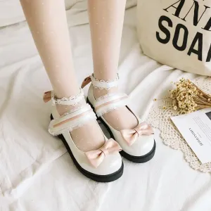 Sohiwoo Lolita Shoes Color Matching Bow Round Head Thick Soles Lace Princess Shoes Student Women's Shoes Lolita Shoes Tea Party Kawaii