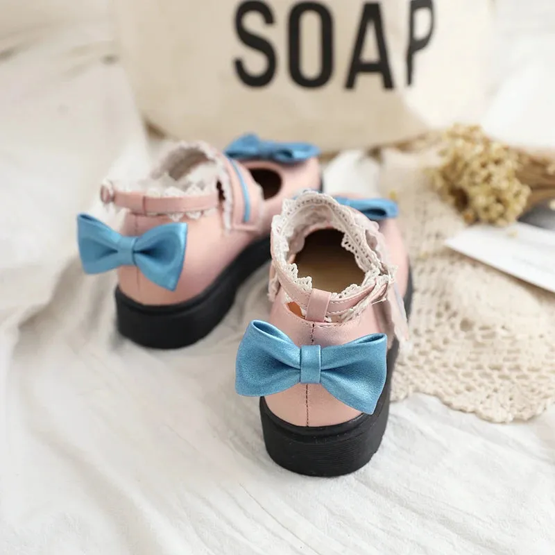 Sohiwoo Lolita Shoes Color Matching Bow Round Head Thick Soles Lace Princess Shoes Student Women's Shoes Lolita Shoes Tea Party Kawaii