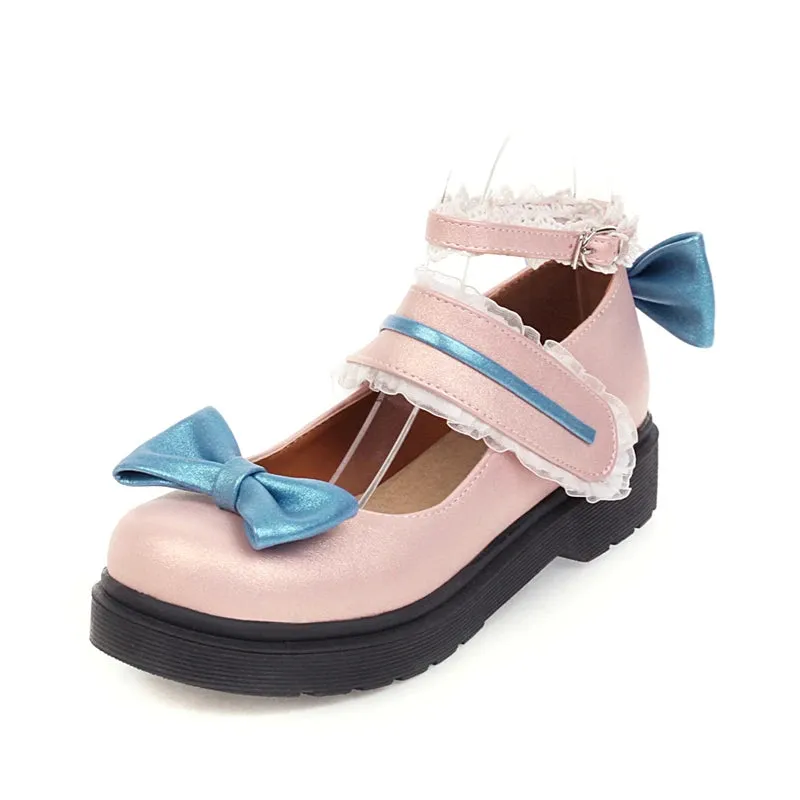 Sohiwoo Lolita Shoes Color Matching Bow Round Head Thick Soles Lace Princess Shoes Student Women's Shoes Lolita Shoes Tea Party Kawaii