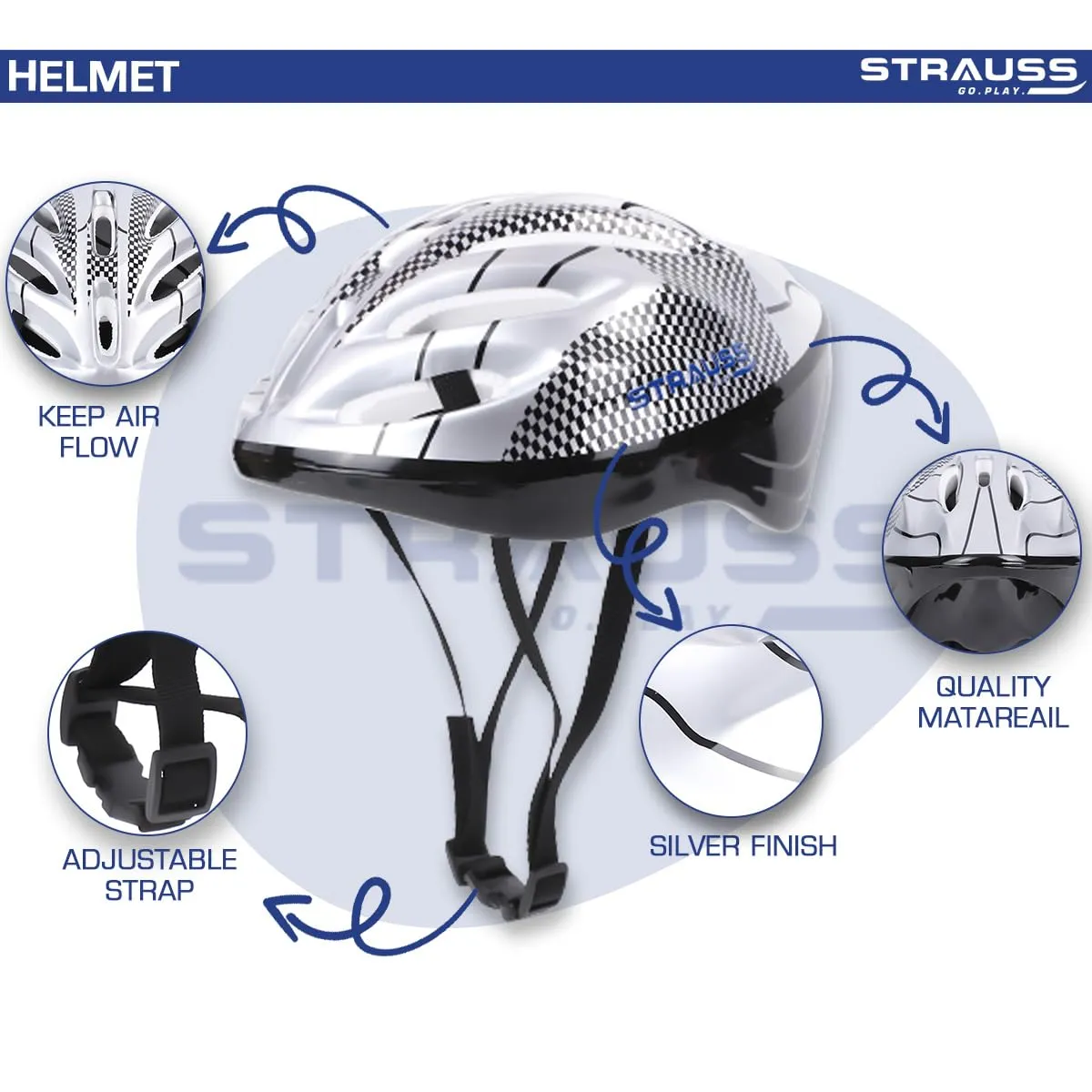 STRAUSS Solaris Cycling Helmet | Adjustable Multi Utility Sports Helmet For Cycling, Skating And Skateboarding| Light Weight With Superior Ventilation | Ideal For Adults And Kids, (Silver), Small