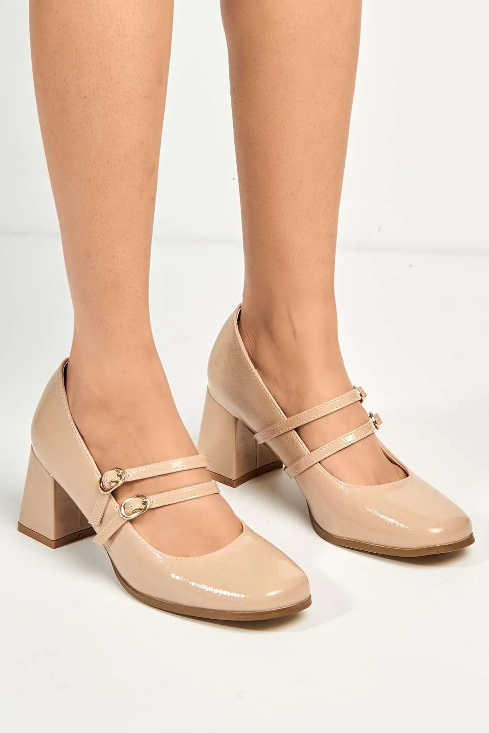 Talya Strap Detail Block Heel Court Shoes in Beige Patent