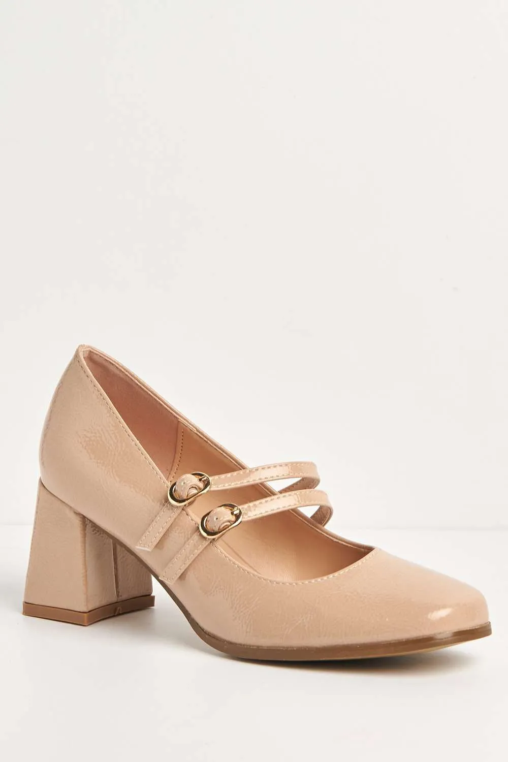 Talya Strap Detail Block Heel Court Shoes in Beige Patent