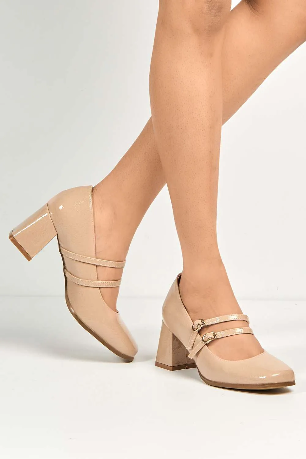 Talya Strap Detail Block Heel Court Shoes in Beige Patent