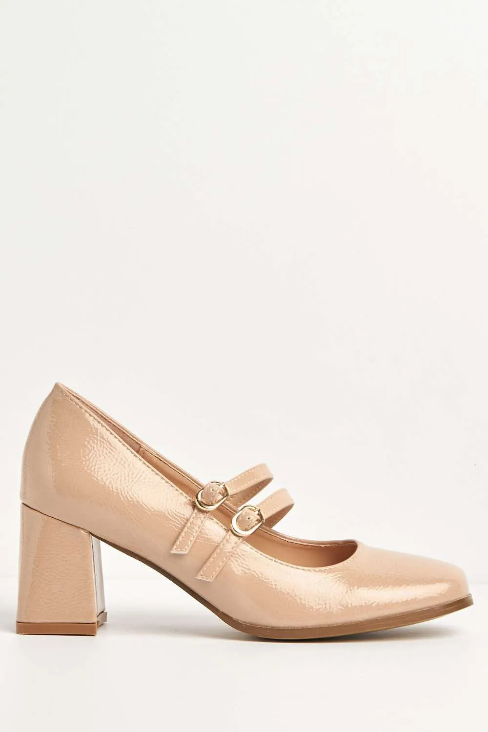 Talya Strap Detail Block Heel Court Shoes in Beige Patent