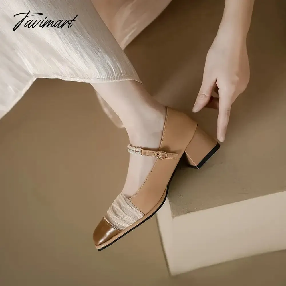 TAVIMART  -  Designer New French Pearl Buckle Mary Jane Women's Shoes Fashion Square Head Solid Color Cute Style Woman High Heels