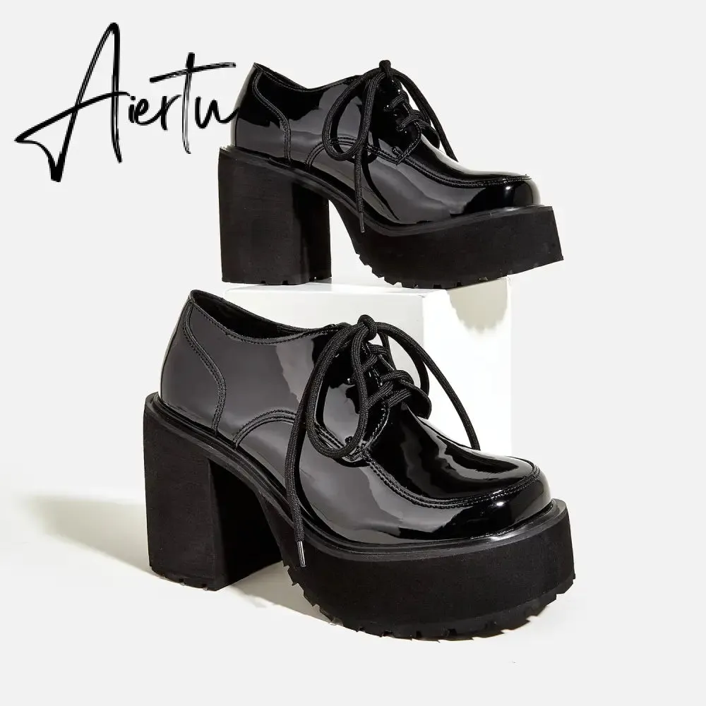 Women Waterproof Platform Patent Leather Thick-Soled Shoes