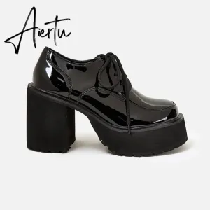 Women Waterproof Platform Patent Leather Thick-Soled Shoes