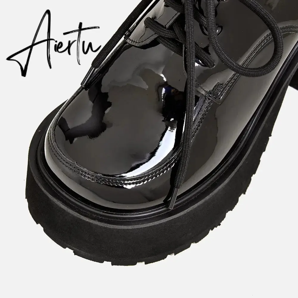 Women Waterproof Platform Patent Leather Thick-Soled Shoes