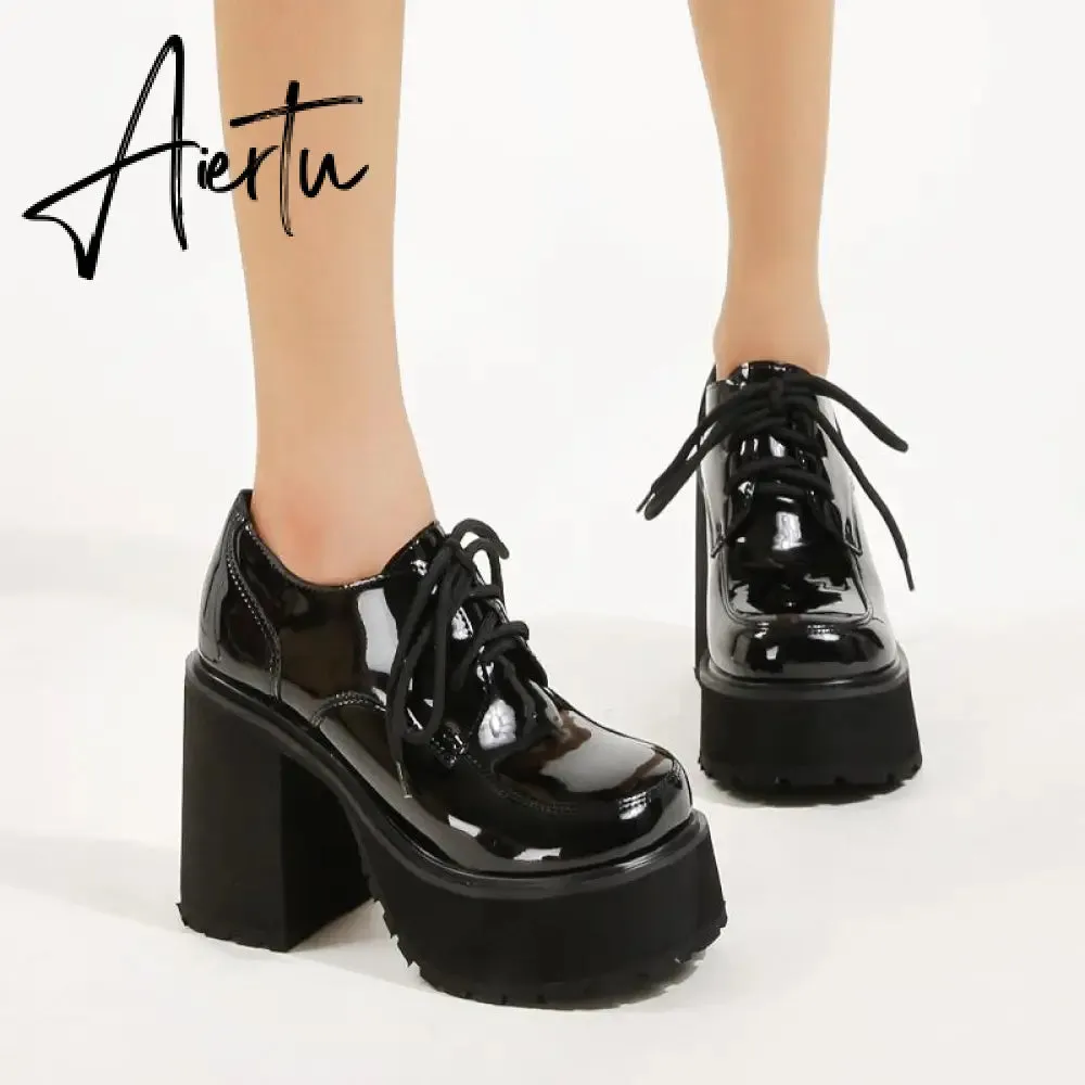 Women Waterproof Platform Patent Leather Thick-Soled Shoes