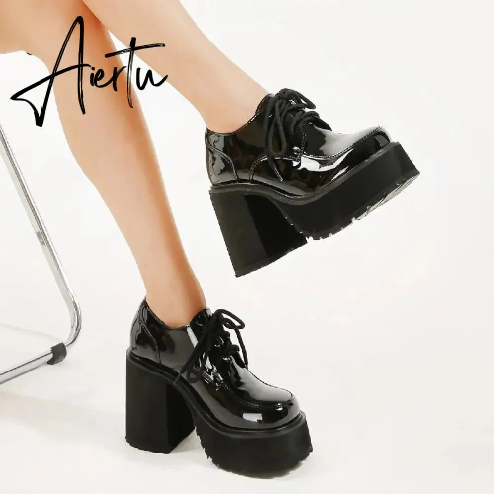 Women Waterproof Platform Patent Leather Thick-Soled Shoes