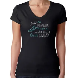 Womens T-Shirt Rhinestone Bling Black Fitted Tee No Drama Loud Proud Swim Mama